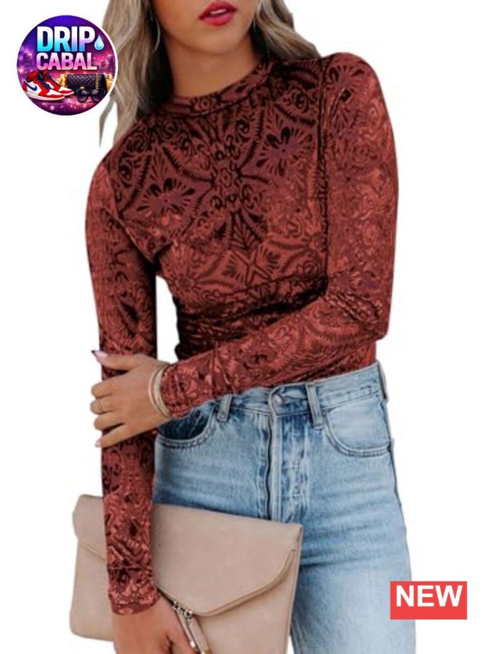 Slim Fit Velvet Burnout Top Crew Neck Long Sleeve Blouse